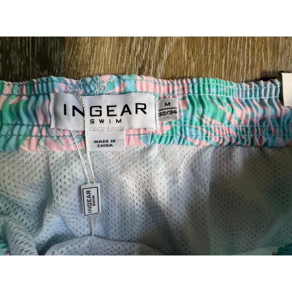 Ingear Swim Trunks Mens‎ Medium M Pink Teal New Tropical Palm Leaf Mesh Lined